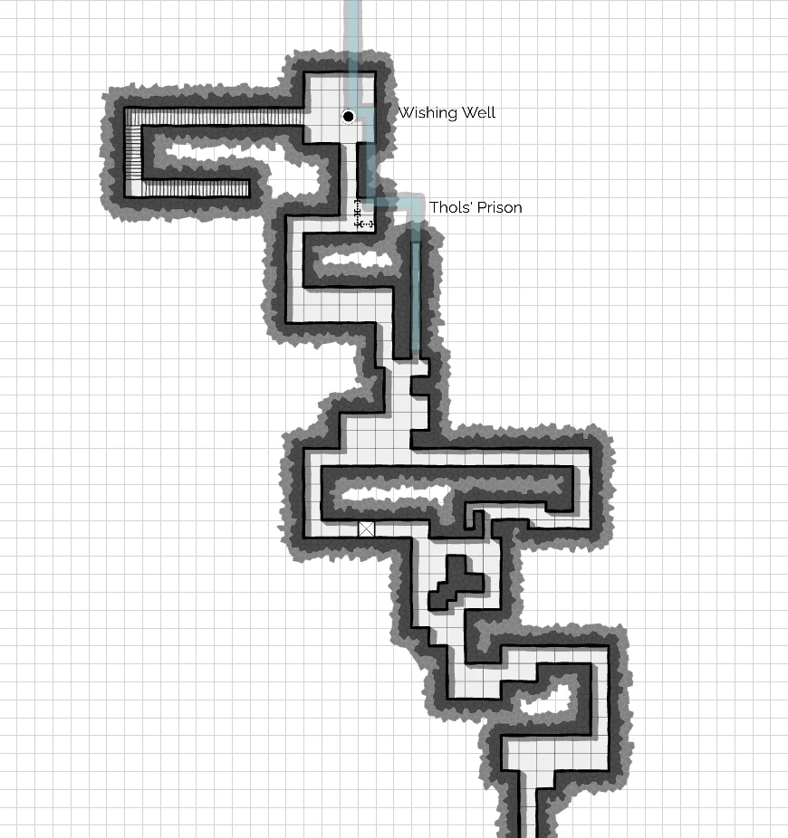 Dungeon reference map showing the Wishing Well, Thols’ Prison, and connected cave passages