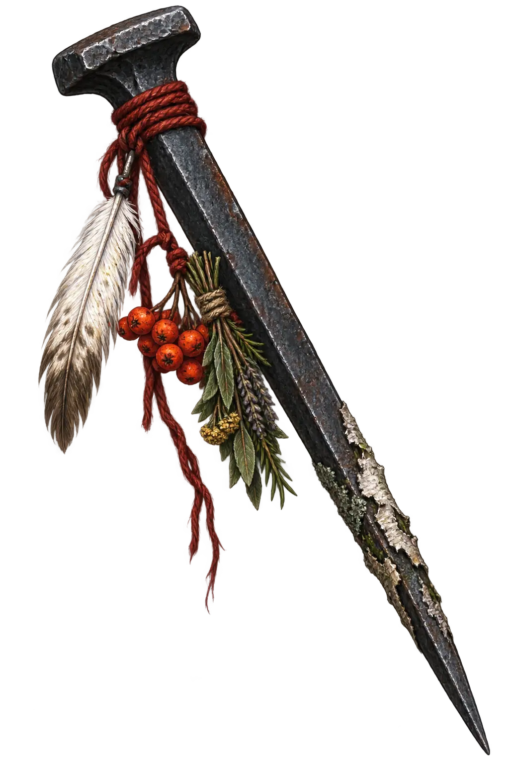 A black cold-iron spike bound with red thread, feathers, berries, and herbs