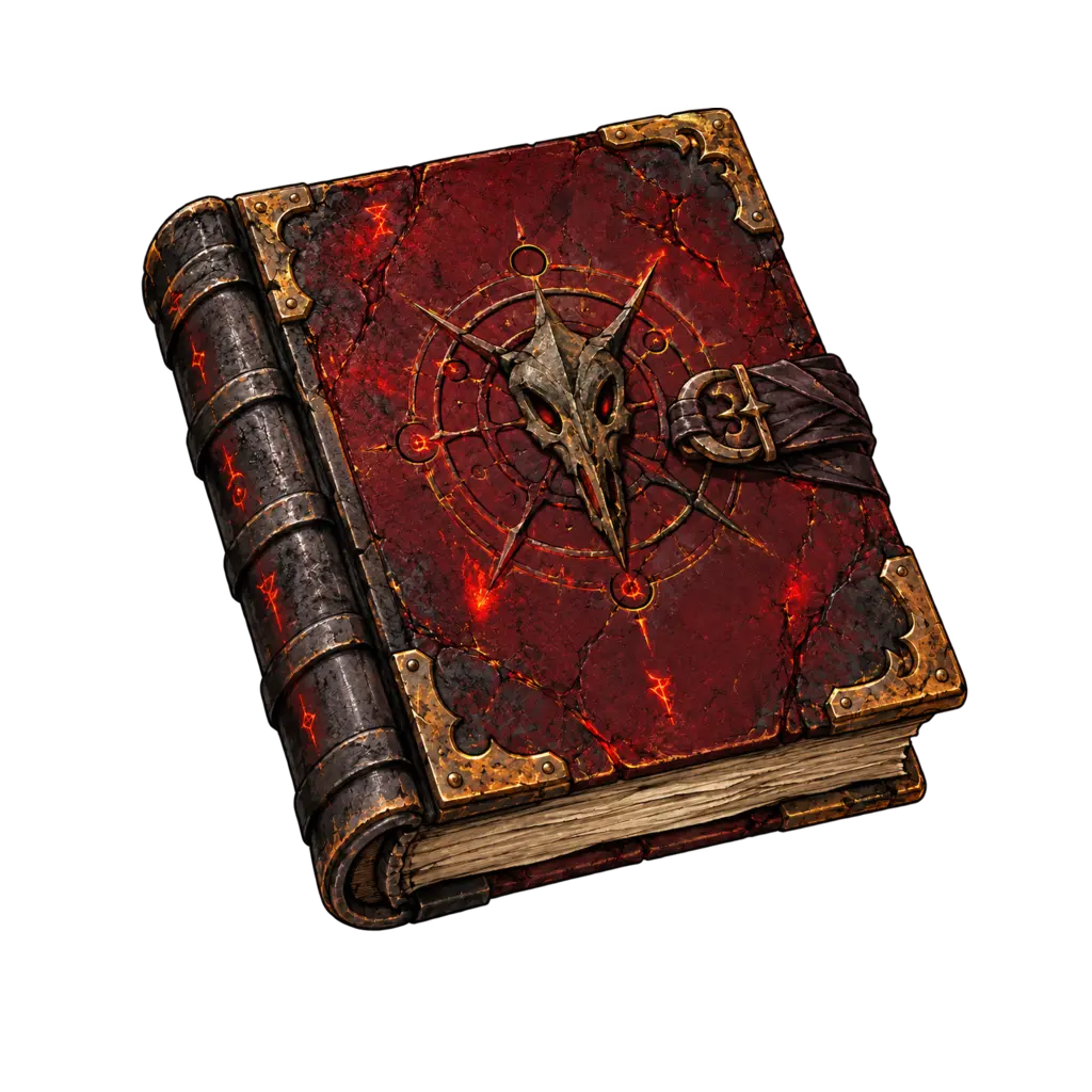 The Ledger of the Condemned, a dark red folio with blackened corners, circular grooves, and a defaced eye clasp