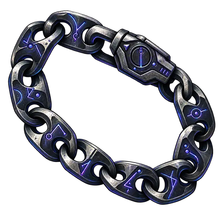 A short silver-black Netherese chain with flattened runic links and a heavier clasp