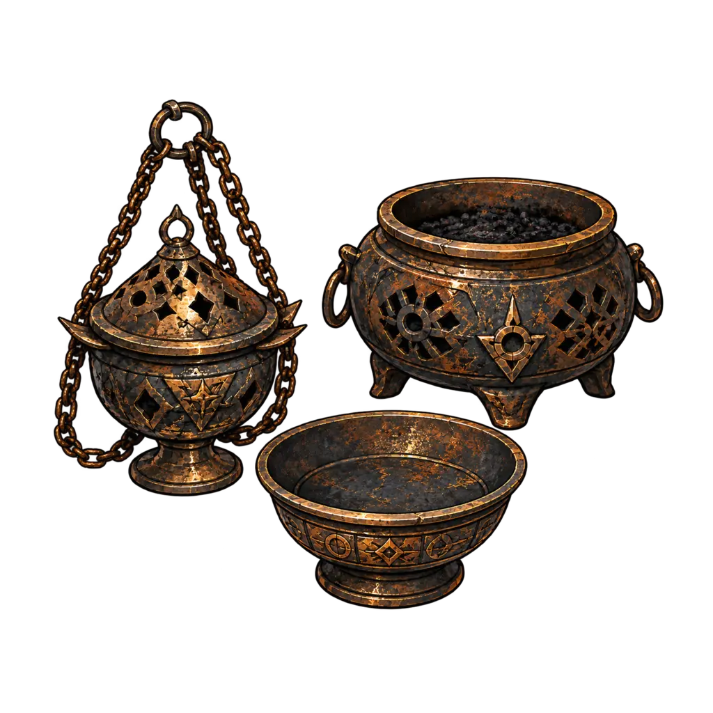 Old brass censers, an incense brazier, and ritual vessels