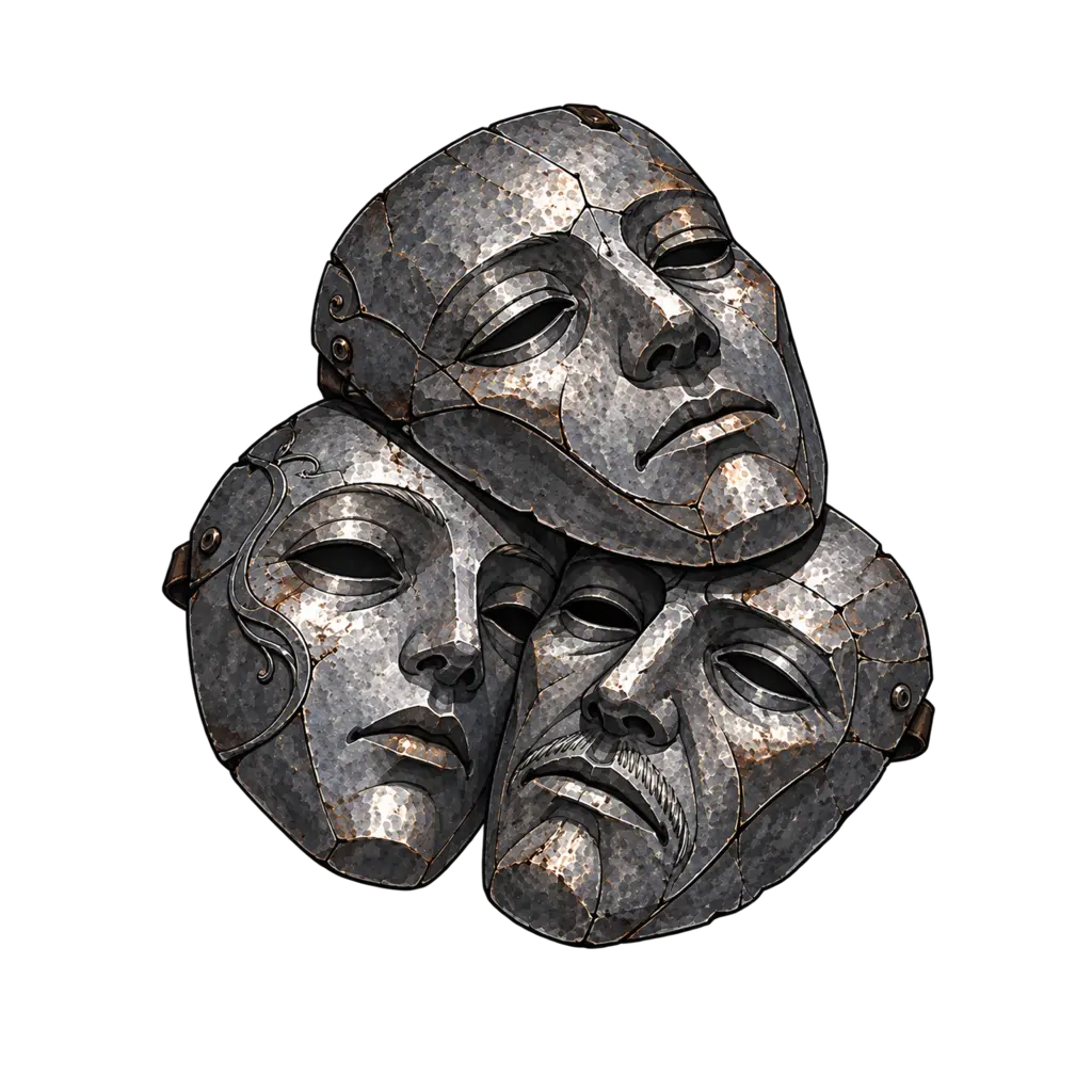 A polished silver funeral mask darkened at the edges by heat