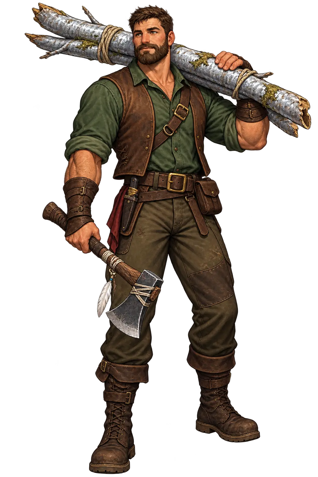 Branch Feld, a muscular human lumberjack carrying fallen silverwood and a peace-bound axe