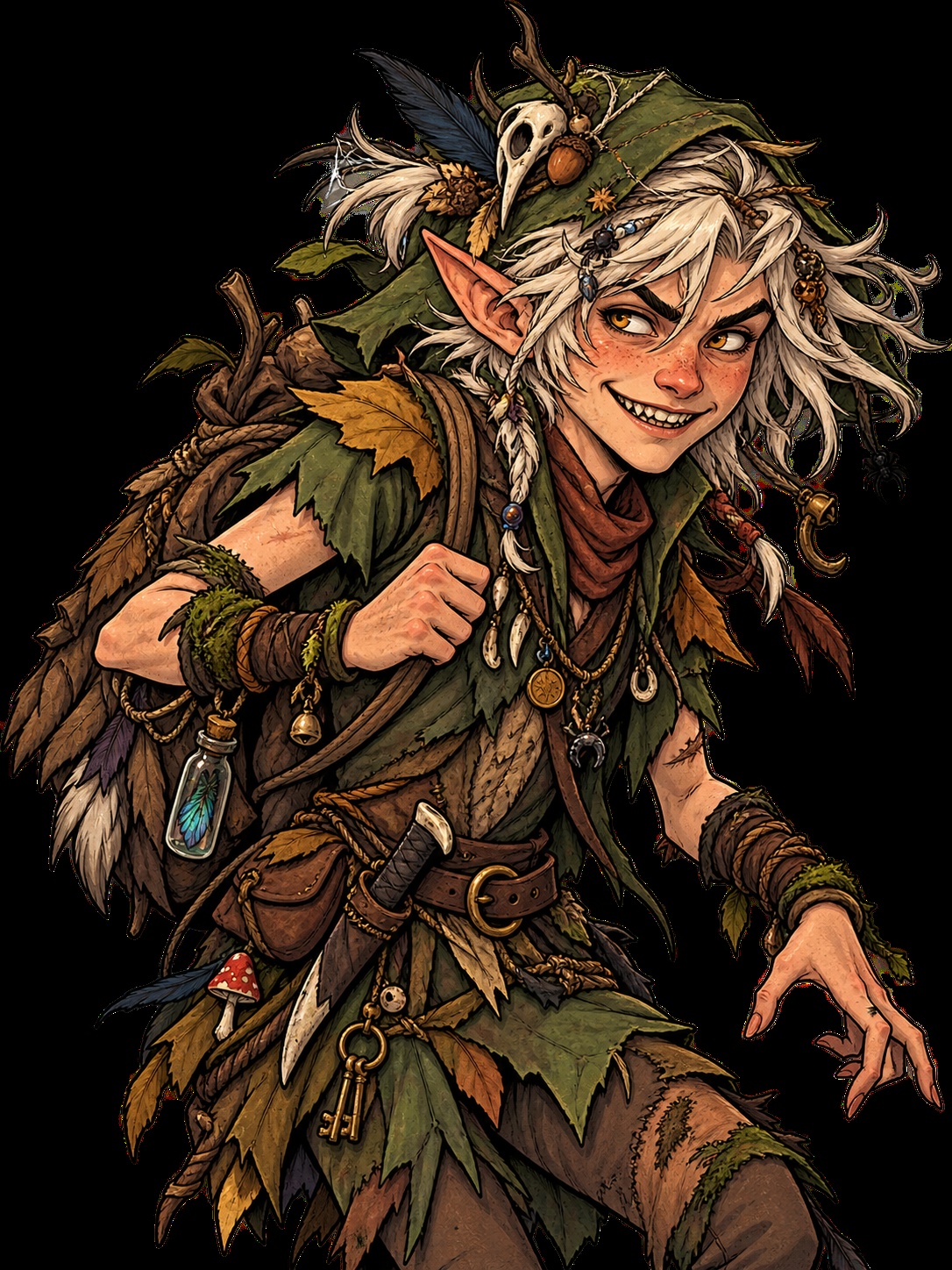 Flirf, a tiny sharp-featured quickling with pale windblown hair and scavenged forest clothing