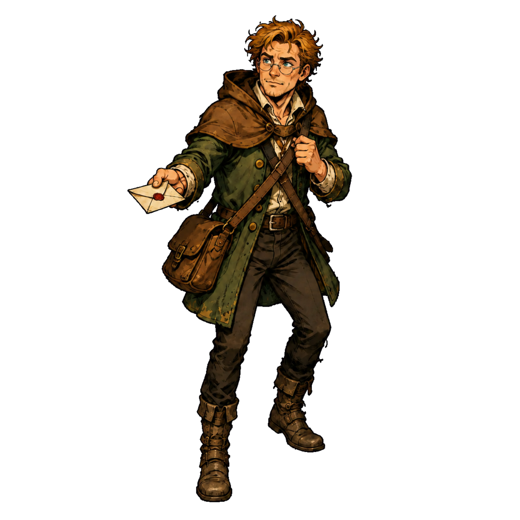 The courier, a young man with metallic-bronze hair, spectacles, a moss-green travel coat, and a delivery satchel