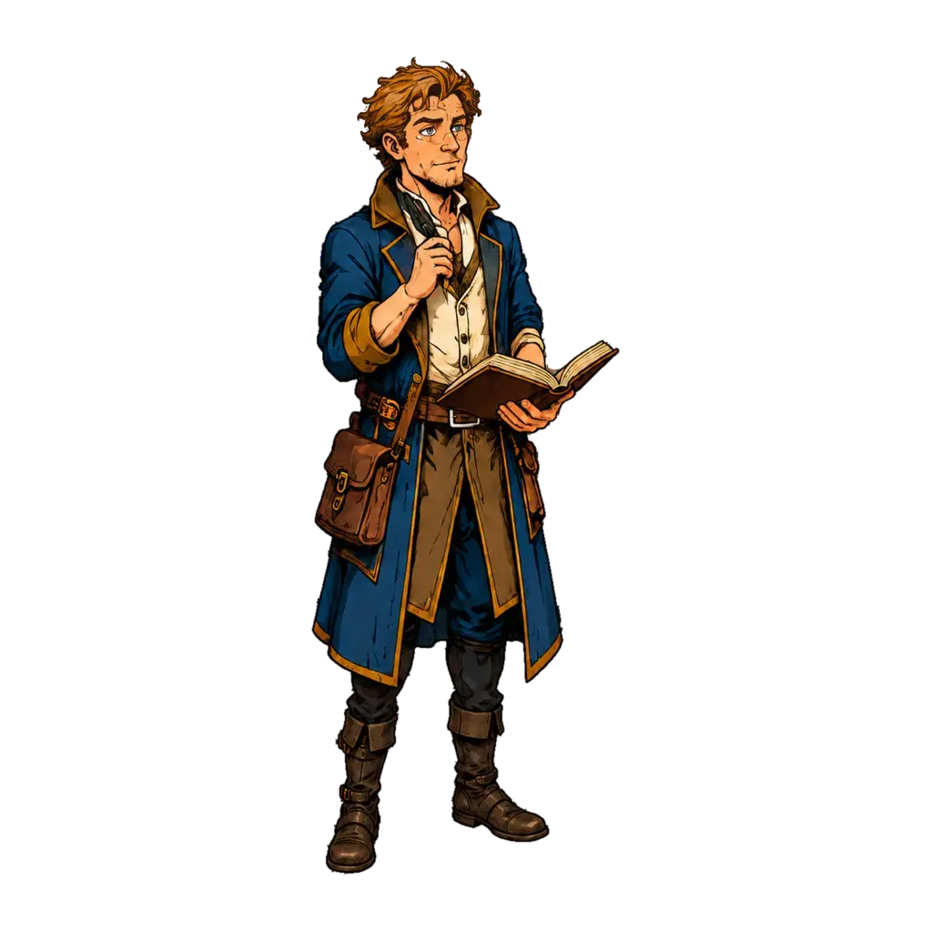 Quentin Lorekeeper in his human guise, a young metallic bronze-haired scholar with notes and a satchel