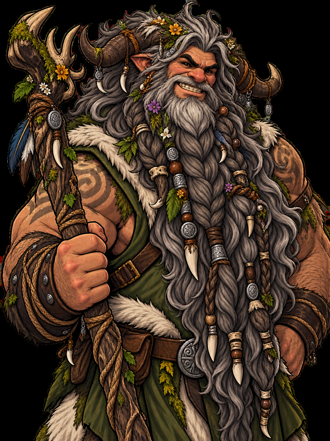Strombo Hairyfluff, a broad korred with an enormous decorated mane and rope-like beard