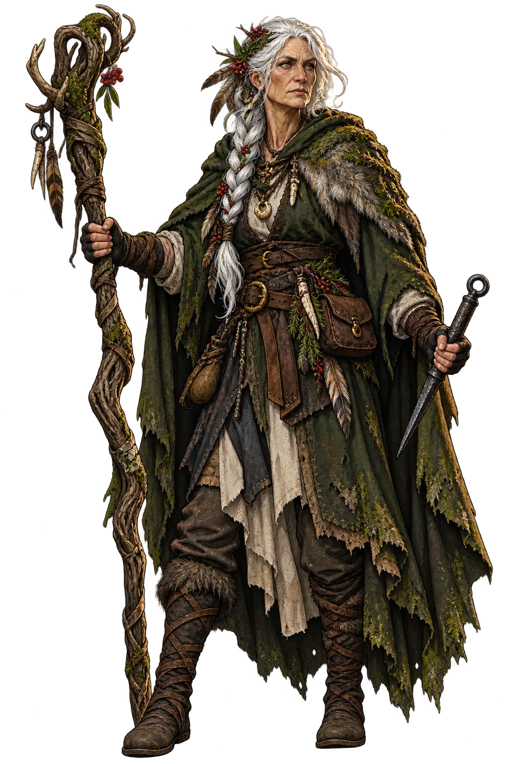 Ysra Thorne, an elderly witch holding a wooden staff and cold-iron spike