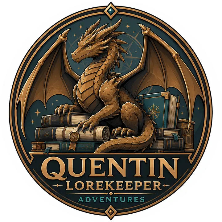 Quentin Lorekeeper Adventures badge: a bronze dragon perched on books